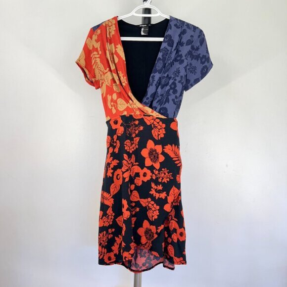 Sz EU40- Desigual Vevey Short Sleeve Abstract Floral Multicolor Midi Wrap Dress - Picture 2 of 16